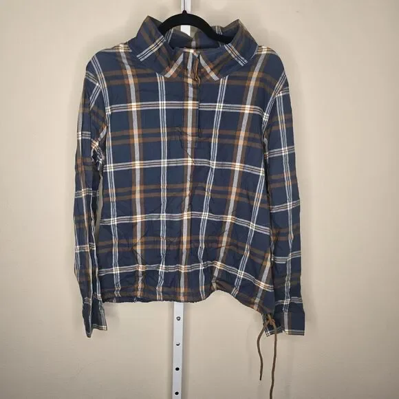 L.L. Bean Signature Women's L Grayish Blue Plaid 1/4 Button Pullover Drawstring - Picture 2 of 14
